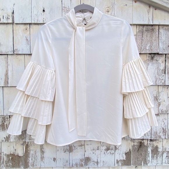 INA Ruffles Bell Pleated Sleeves Bow Tie Neckline Blouse - Picture 3 of 7